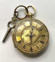 An 18ct gold fob watch, the gilt dial with Roman numerals 36 mm outer case diameter all in 42.9 g (