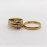 A 22ct gold wedding band, ring size K, 2.6 g, and a 18ct multi coloured gold gem set ring, out of