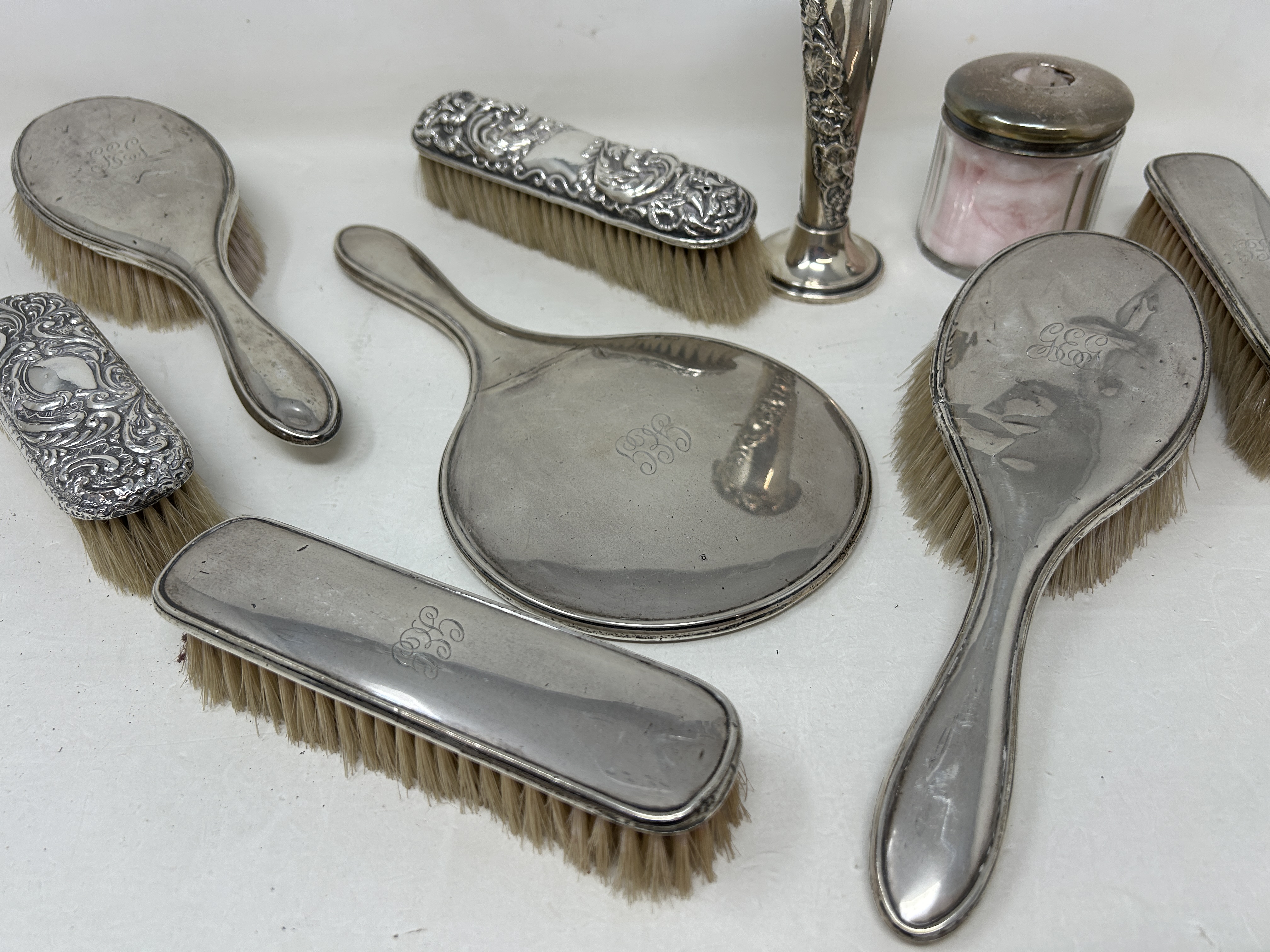 A George V silver posy vase, a silver backed mirror, assorted brushes, and a glass box with a silver - Image 3 of 4