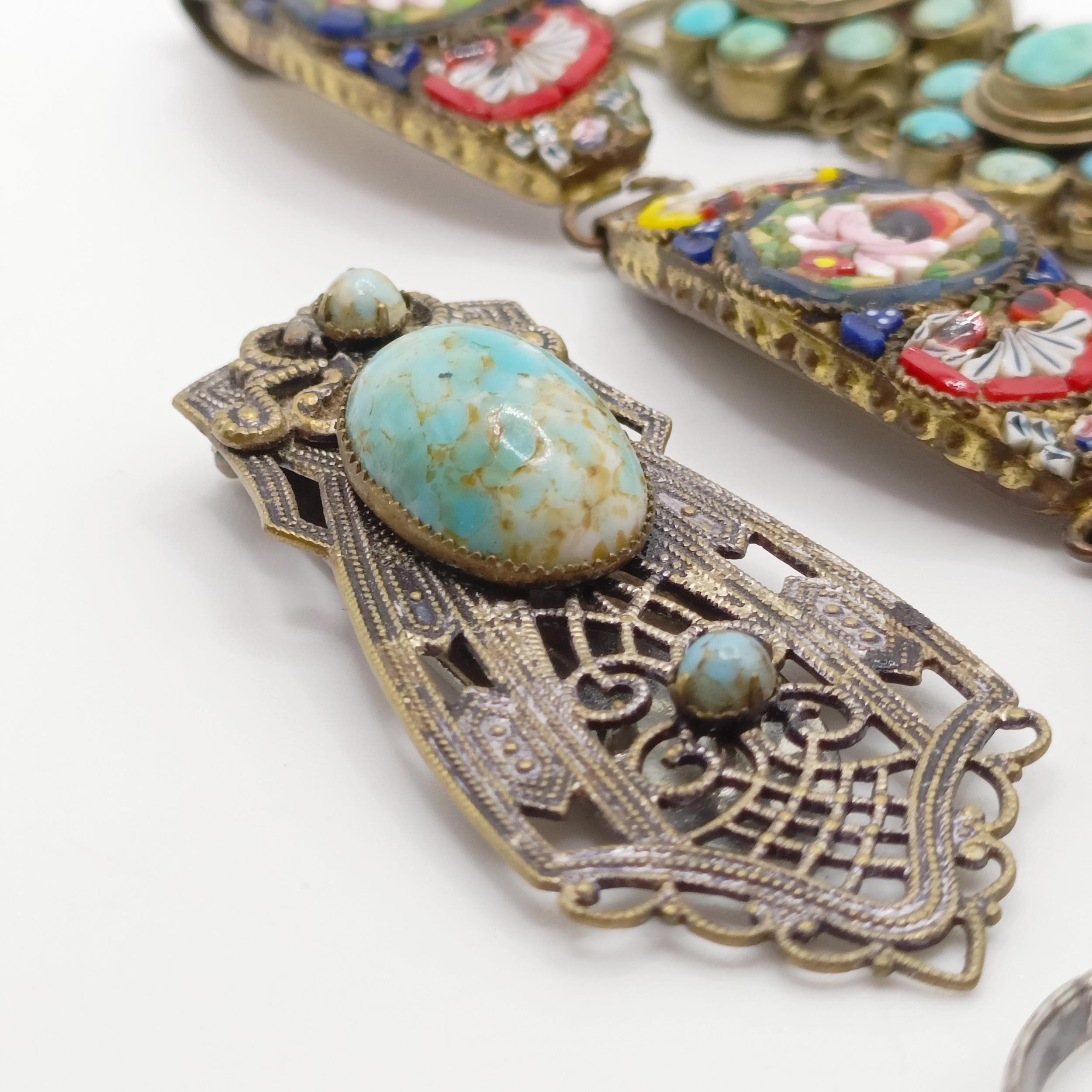 An Indian gilt metal and turquoise bracelet, a micro-mosaic bracelet, a clip and a ring, ring size Q - Image 4 of 11
