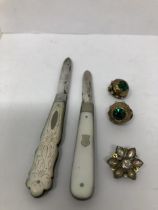 A George V silver mother of pearl handled silver fruit knife, Sheffield 1939, another Sheffield