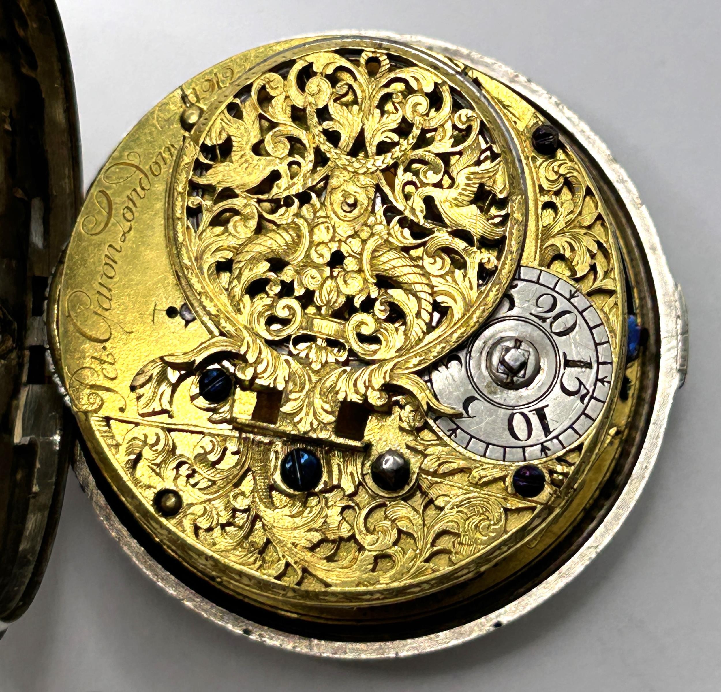 An 18th century silver pair cased pocket watch, the enamel dial with Roman numerals, the movement - Image 4 of 11