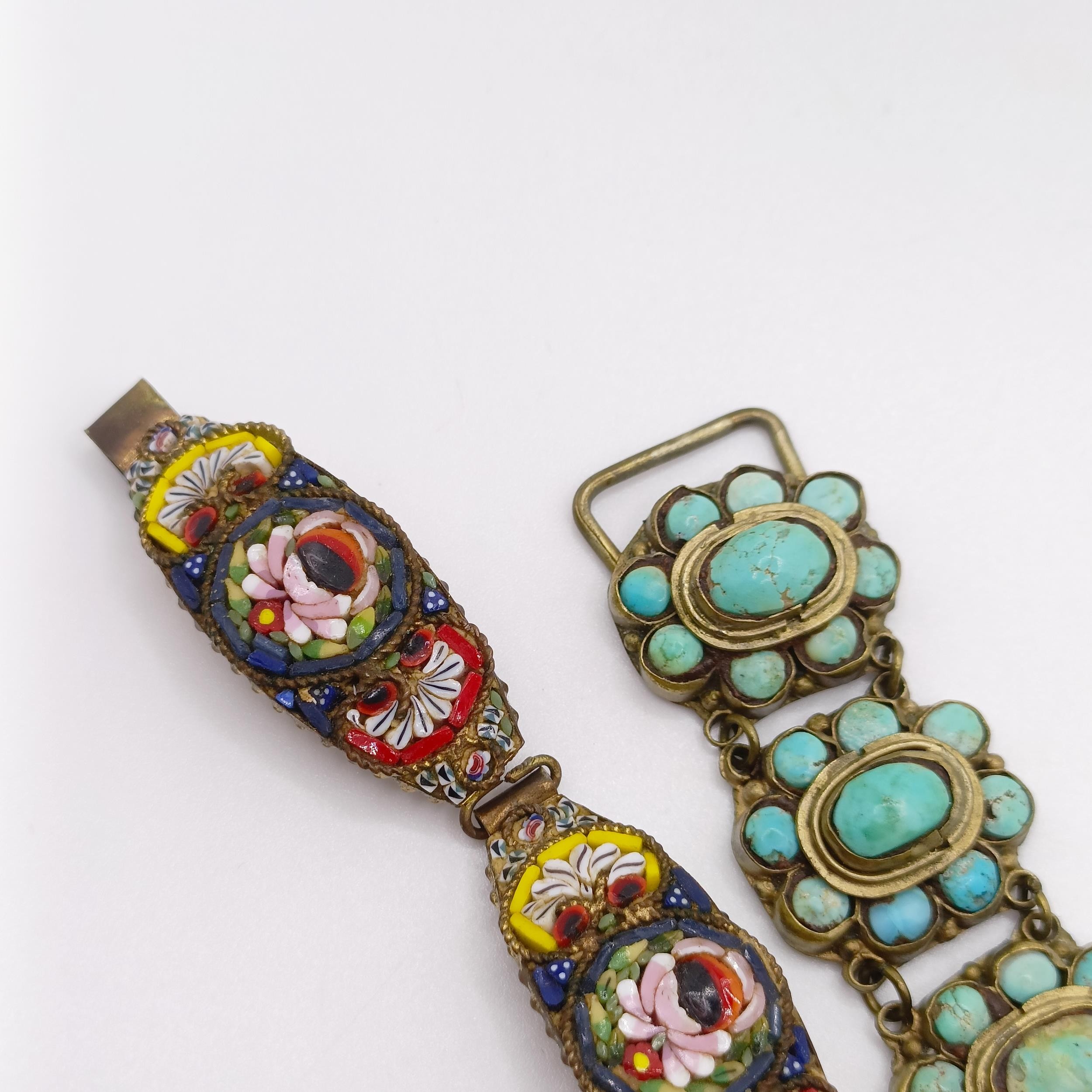 An Indian gilt metal and turquoise bracelet, a micro-mosaic bracelet, a clip and a ring, ring size Q - Image 10 of 11