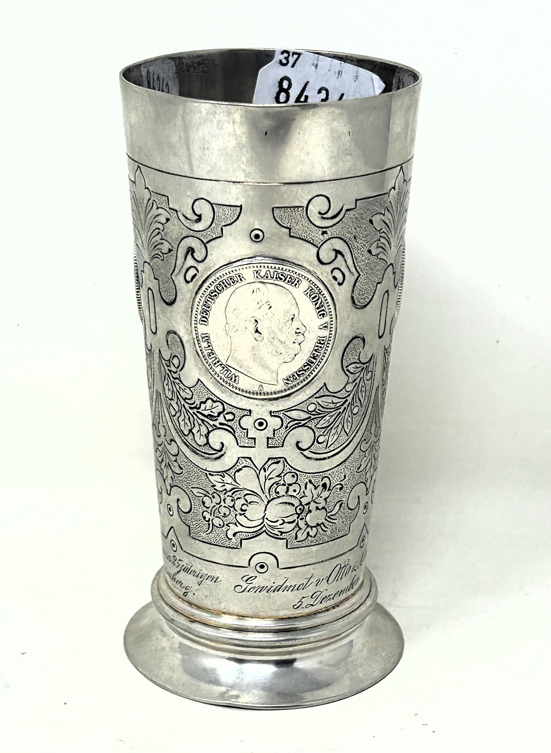 A Continental silver coloured metal beaker, inset with coins, .800 6.4 ozt - Image 4 of 9