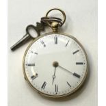 An 18ct gold open face pocket watch, the enamel dial with Roman numerals, the dust cap with engraved