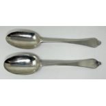 Two matching 18th century silver trefid rat tail spoons, marks rubbed, 1.2 ozt some repairs