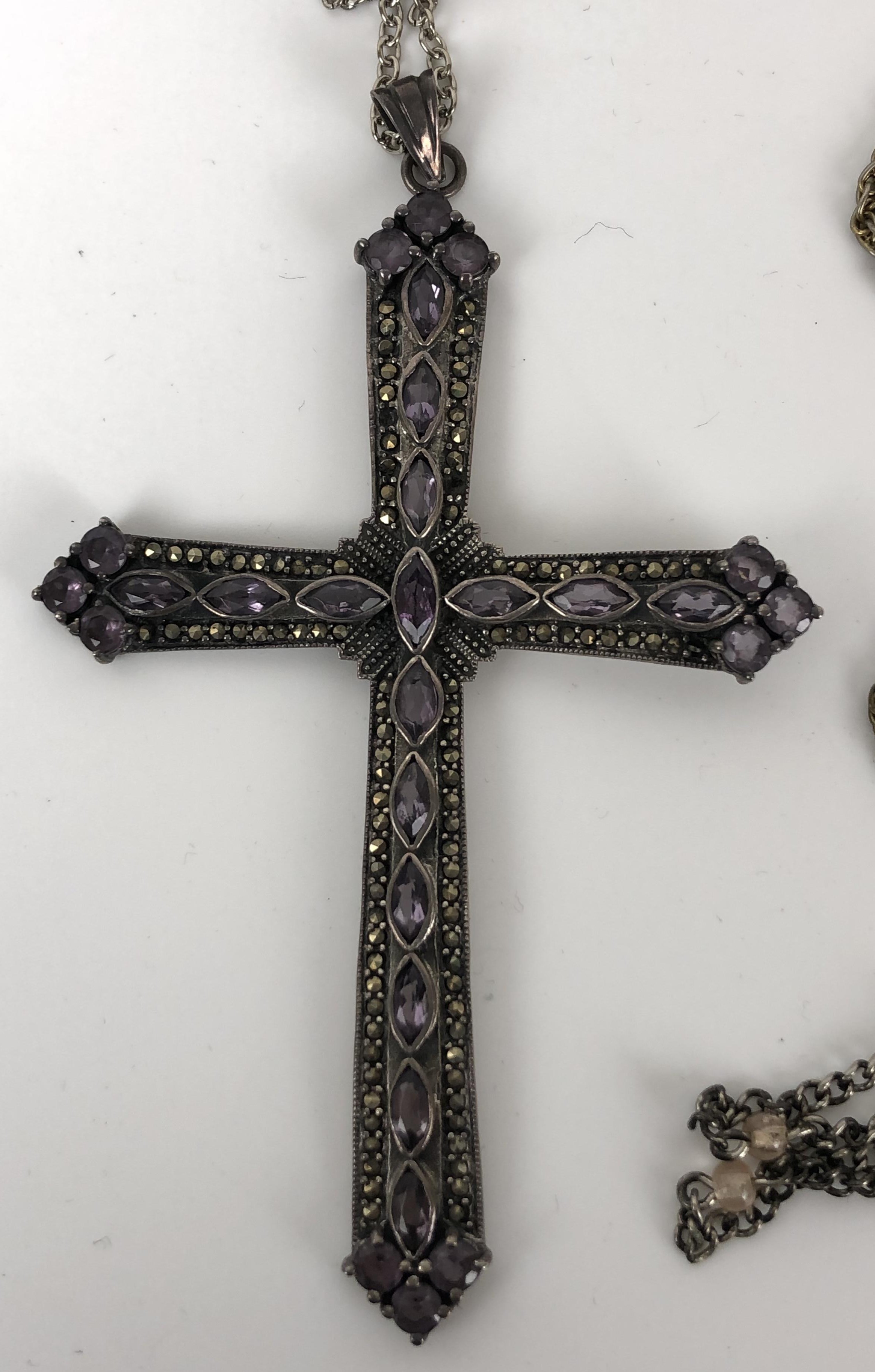 A silver coloured metal and enamel bracelet, another similar, a cross pendant, two bronze figures of - Image 6 of 6