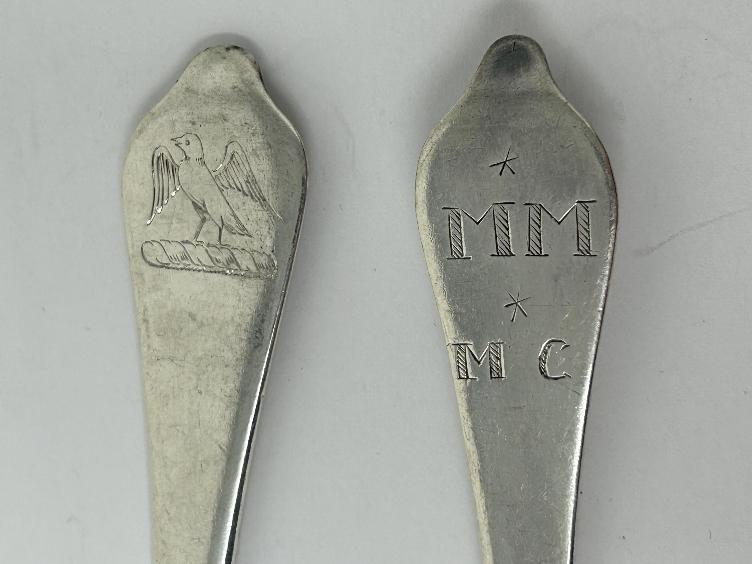 Two matching 18th century silver trefid rat tail spoons, marks rubbed, 1.2 ozt some repairs - Image 3 of 5