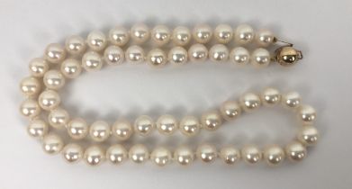 A white cultured pearl strung necklace, with a 9ct yellow gold ball clasp