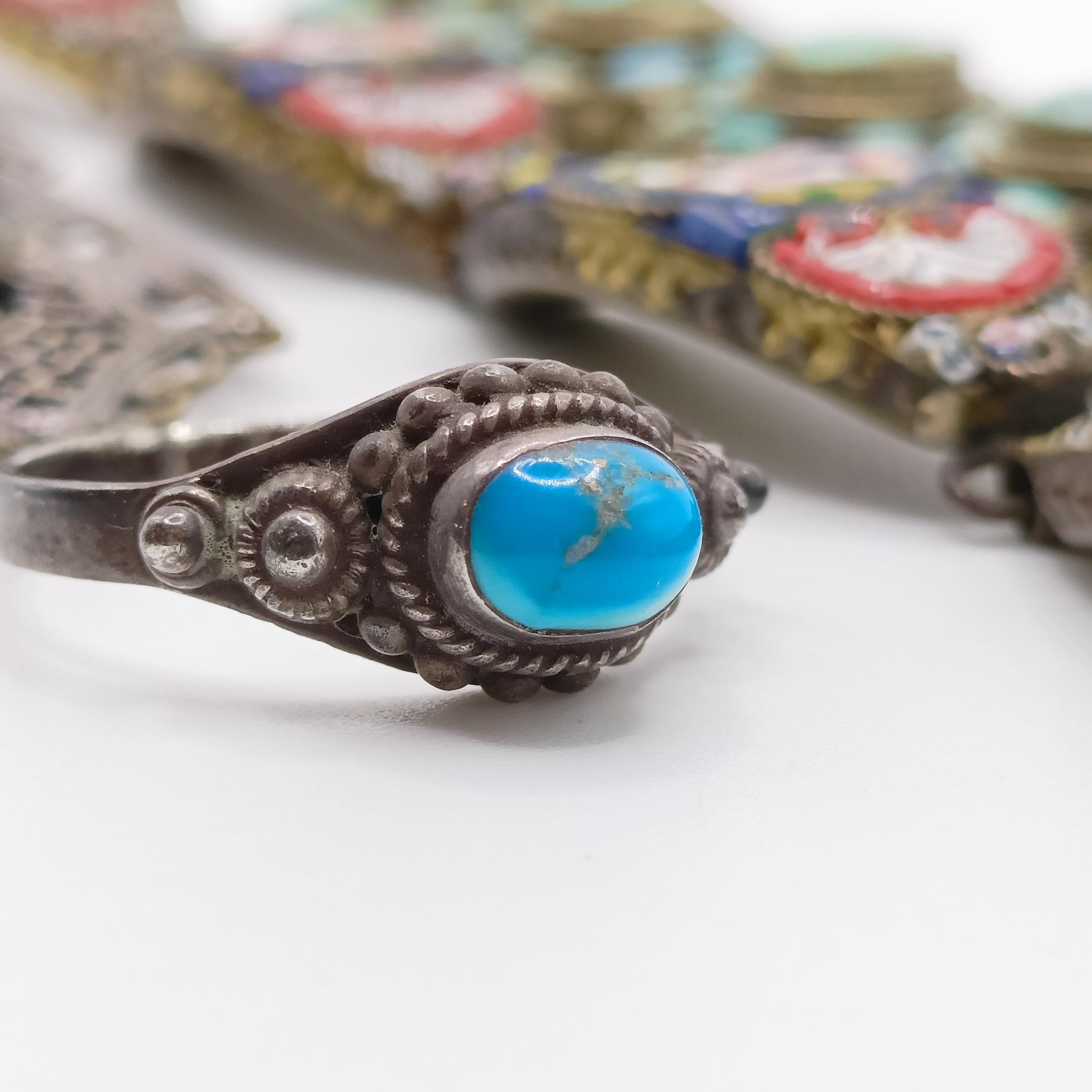 An Indian gilt metal and turquoise bracelet, a micro-mosaic bracelet, a clip and a ring, ring size Q - Image 3 of 11
