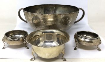 A pair of George III salts, a George V sugar bowl, 4.92 ozt, and a silver coloured metal two