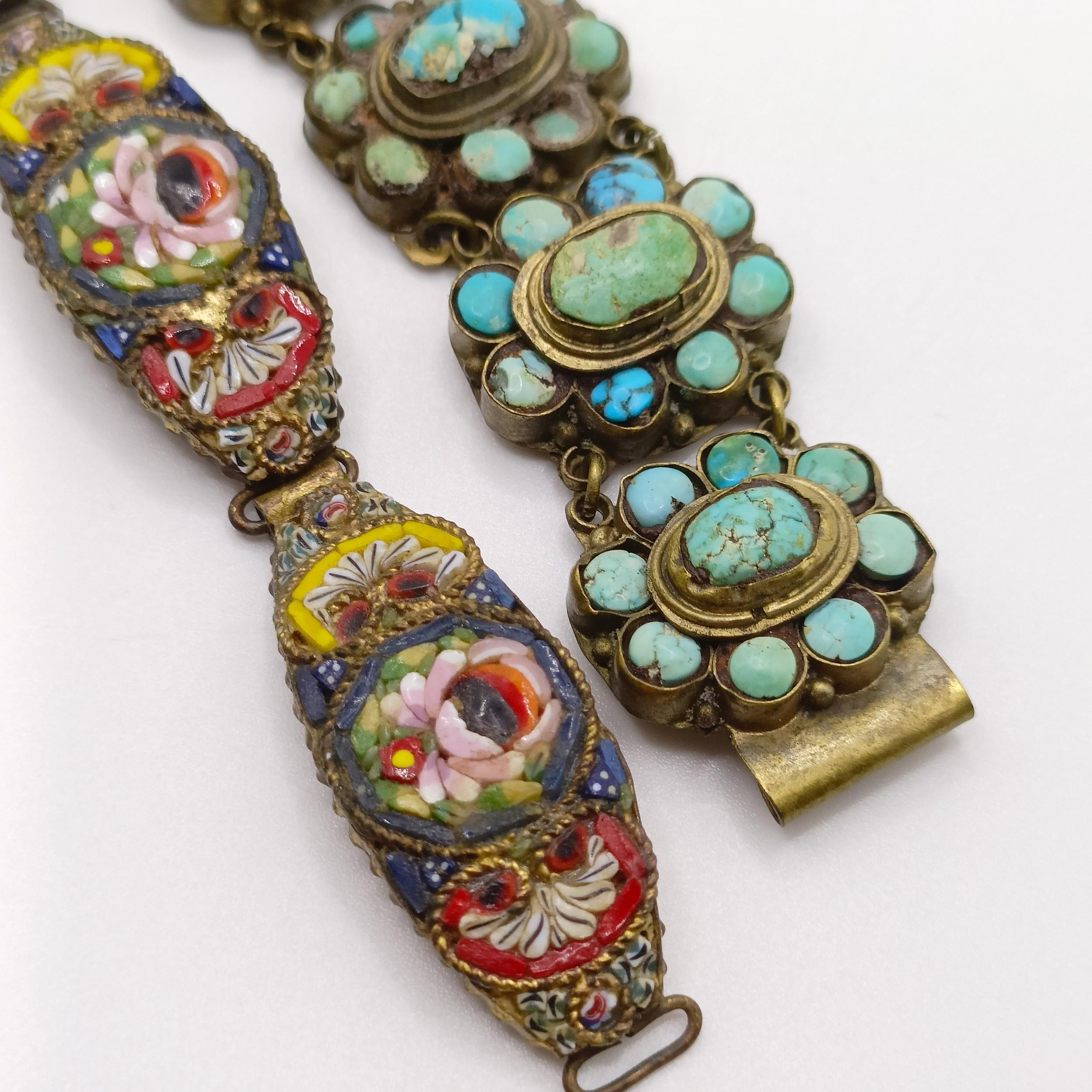 An Indian gilt metal and turquoise bracelet, a micro-mosaic bracelet, a clip and a ring, ring size Q - Image 7 of 11