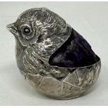 An Edward VII novelty silver pin cushion, in the form of a chick, London 1906, by Sampson Mordan &