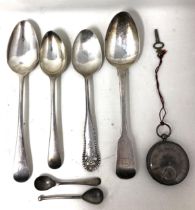 A George III silver Old English pattern spoon, assorted flatware, and a silver plated open face