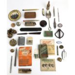 A silver coloured metal pencil, in the form of a cannon, assorted other costume jewellery and items