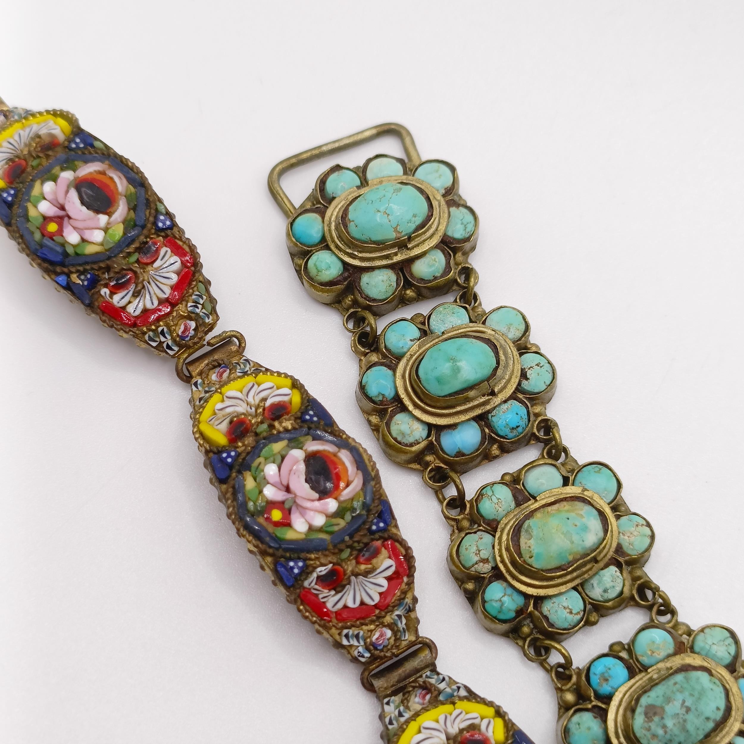An Indian gilt metal and turquoise bracelet, a micro-mosaic bracelet, a clip and a ring, ring size Q - Image 9 of 11