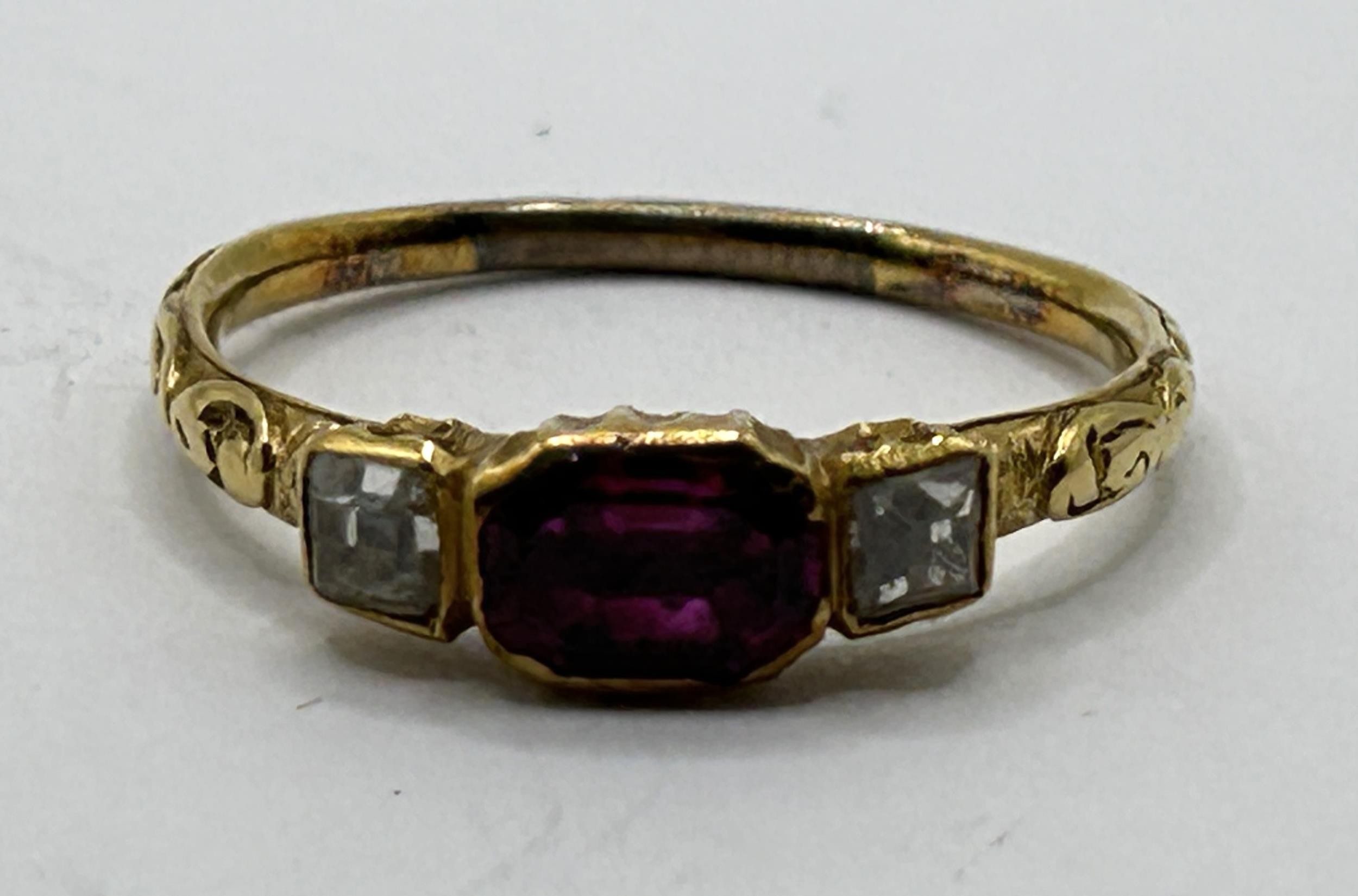 A 19th century red stone, possibly spinnel and diamond ring, in a vintage jewellery box Ring out