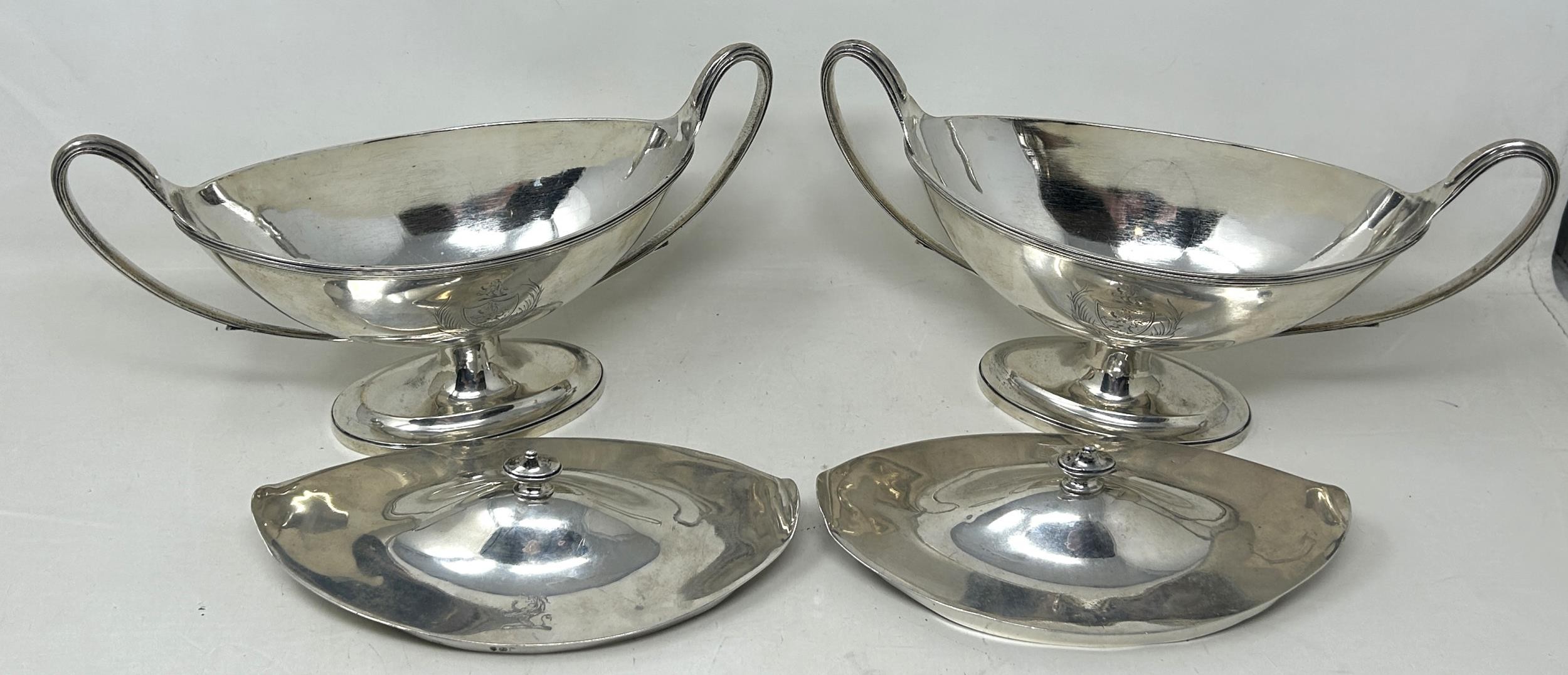 A pair of George III silver tureens and covers, of navette form, London 1791, 36.9 ozt (2) - Image 8 of 12