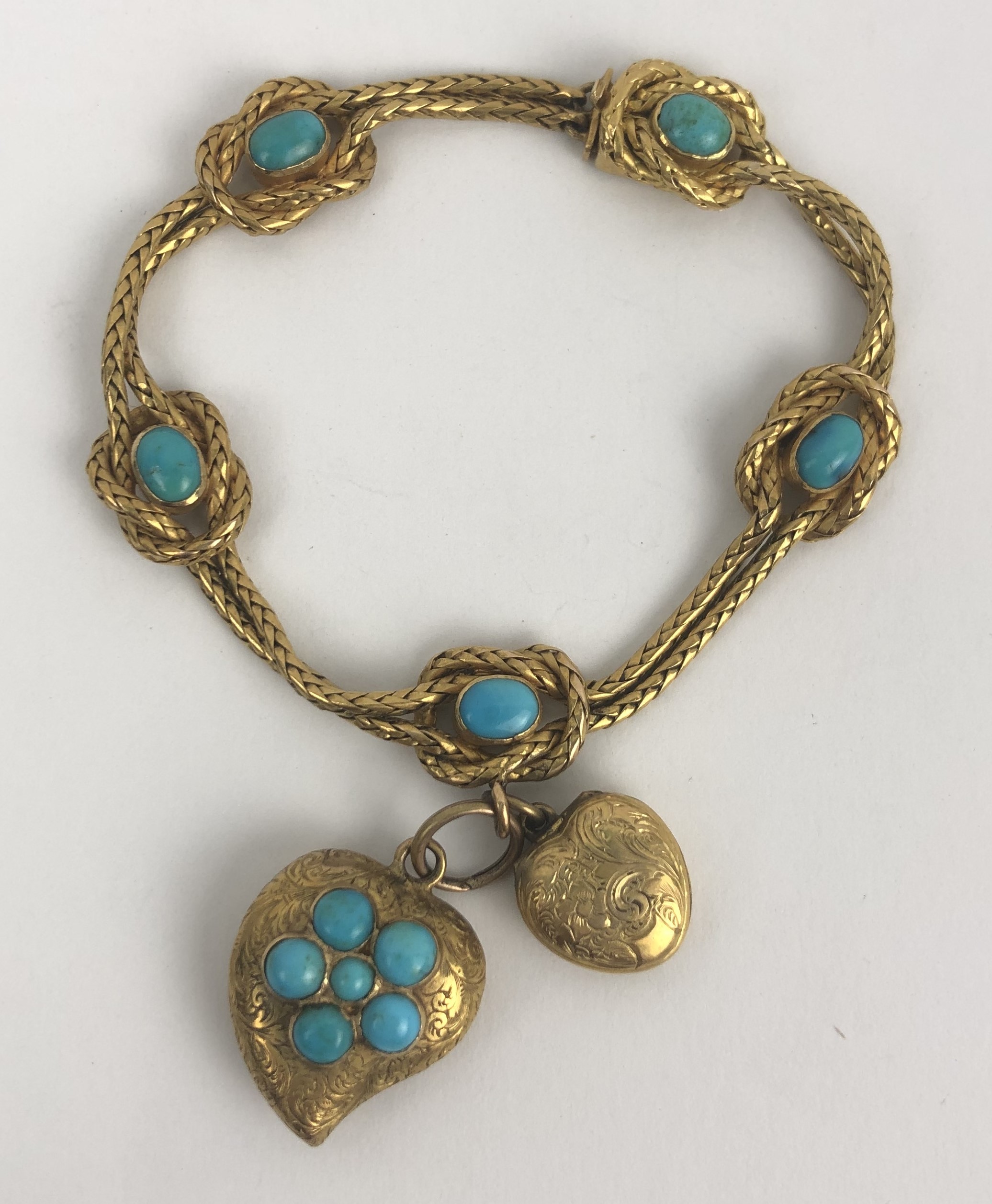 A Victorian yellow coloured metal and turquoise bracelet, in an associated Asprey case Bracelet - Image 2 of 7