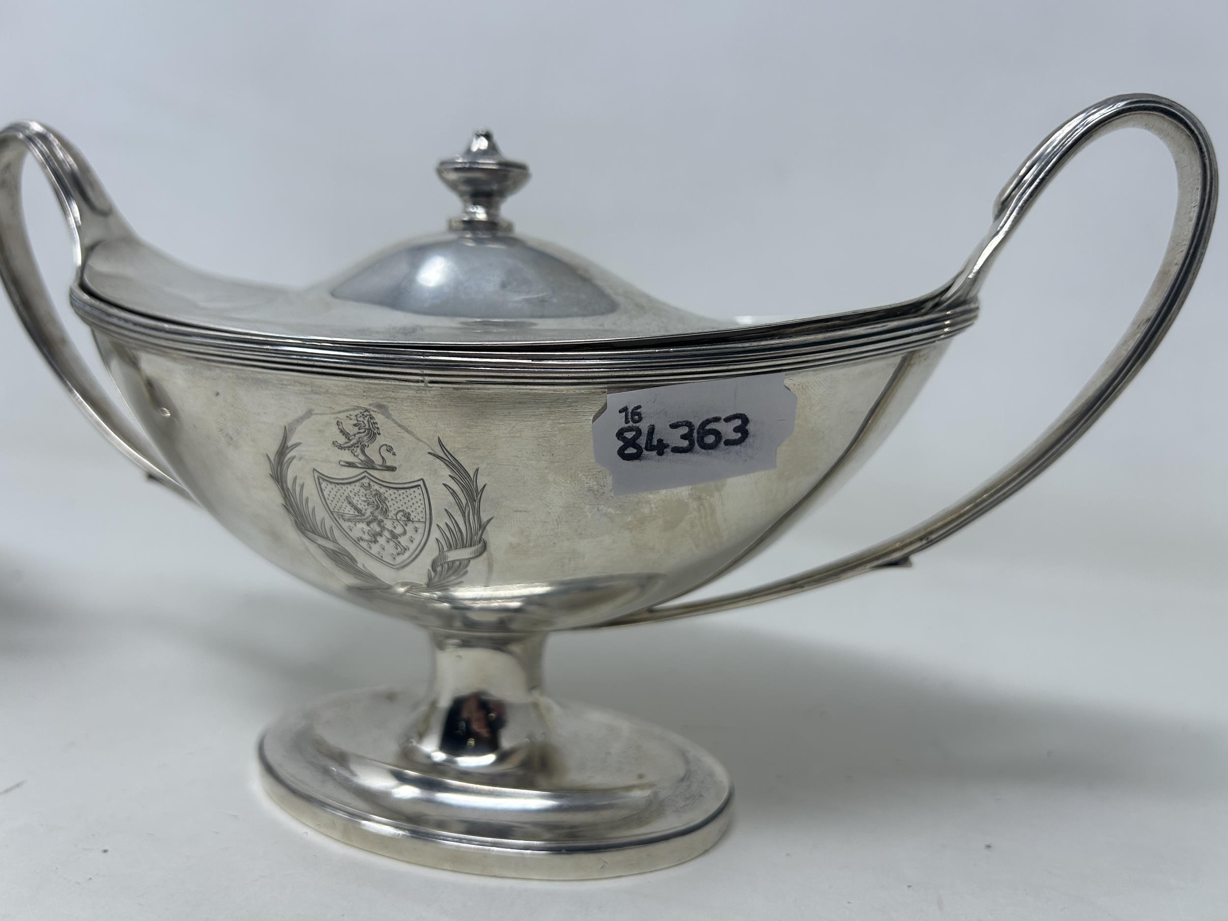 A pair of George III silver tureens and covers, of navette form, London 1791, 36.9 ozt (2) - Image 2 of 12