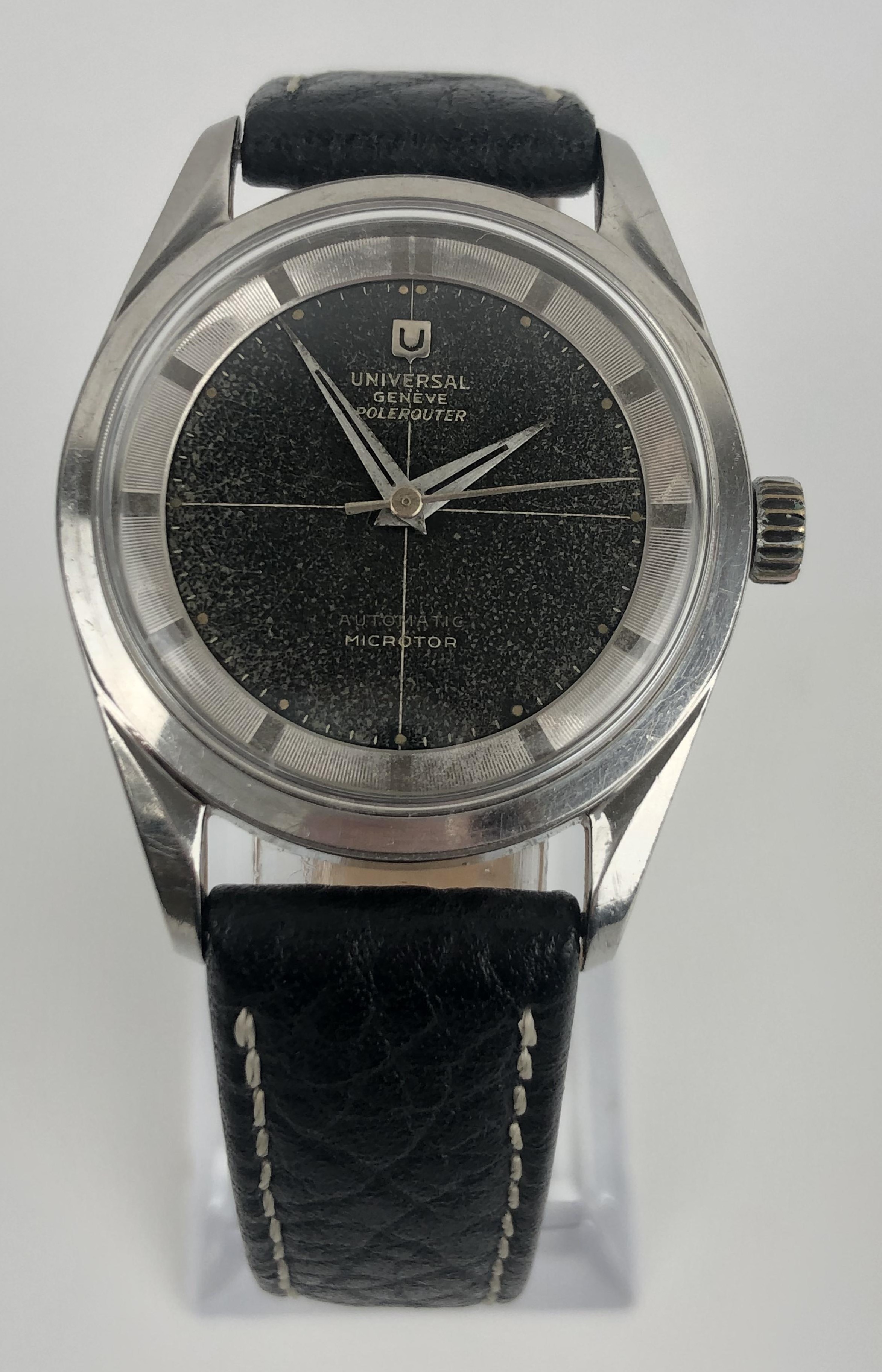 A gentleman's Universal Geneve Polerouter Automatic Microtor wristwatch, with a black dial currently