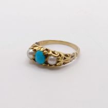 An early 20th century turquoise and pearl ring, ring size P