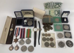 A ladies Orwell wristwatch, assorted medals, coins and other items (box)