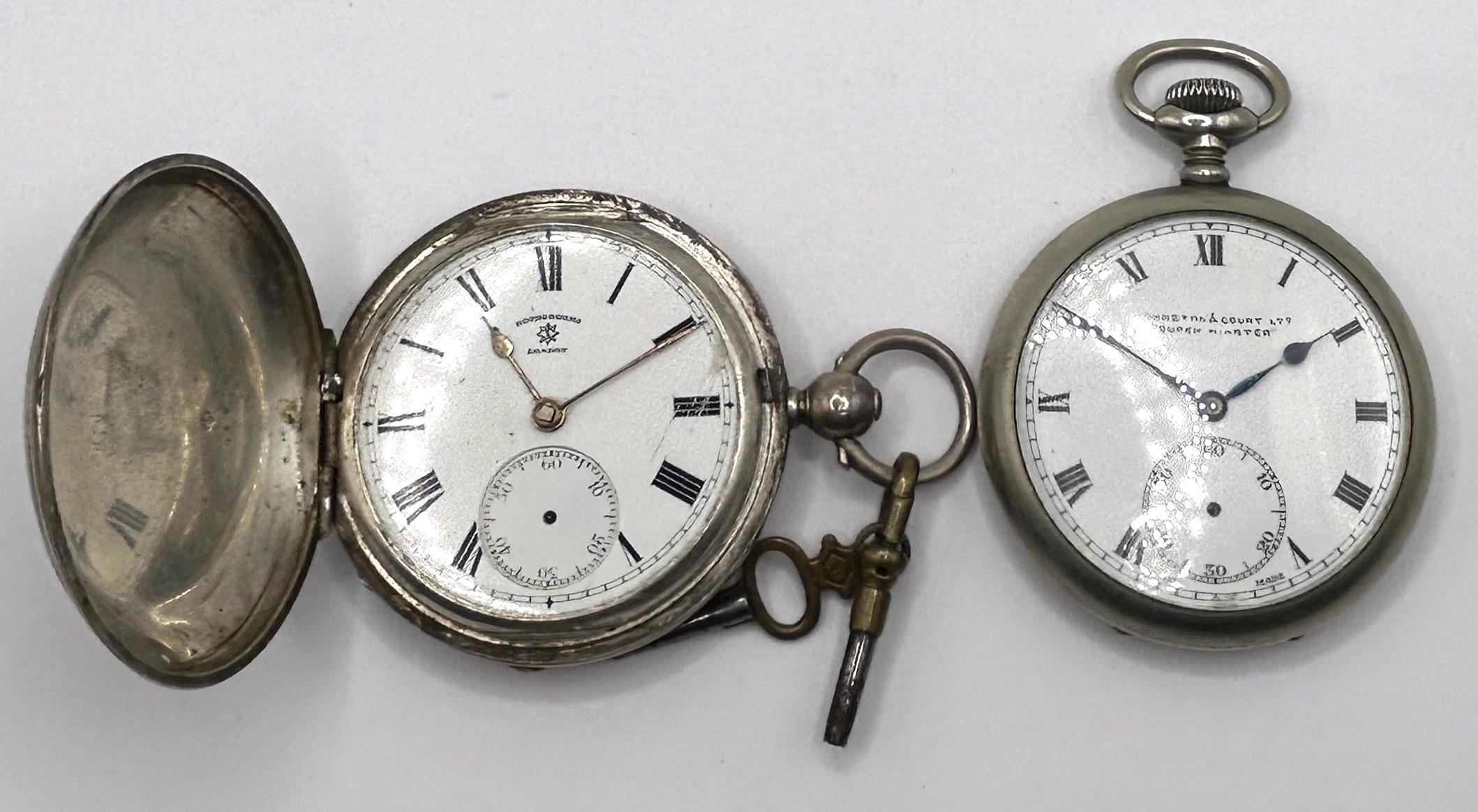 A silver hunter pocket watch, and a silver plated open face pocket watch (2)
