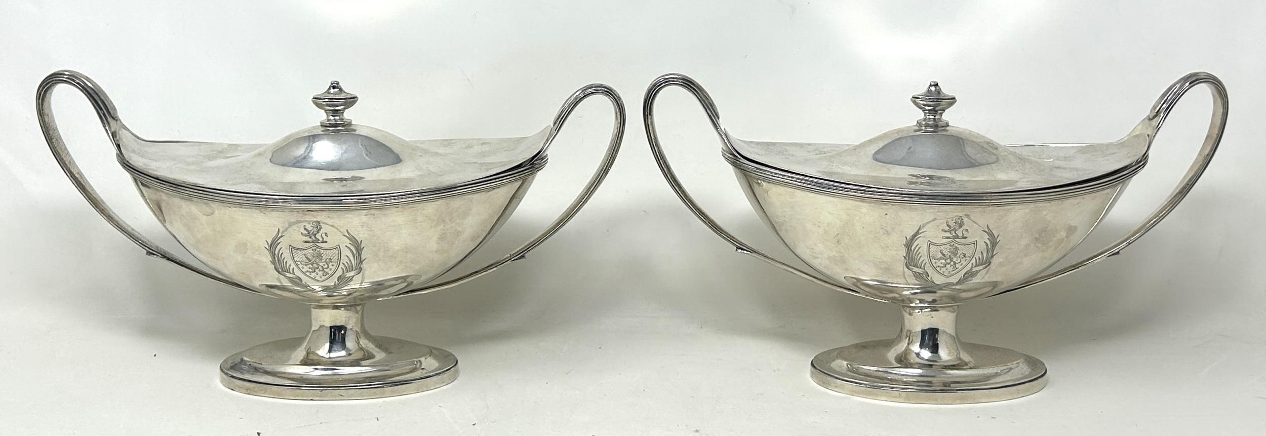 A pair of George III silver tureens and covers, of navette form, London 1791, 36.9 ozt (2)