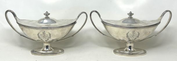 A pair of George III silver tureens and covers, of navette form, London 1791, 36.9 ozt (2)