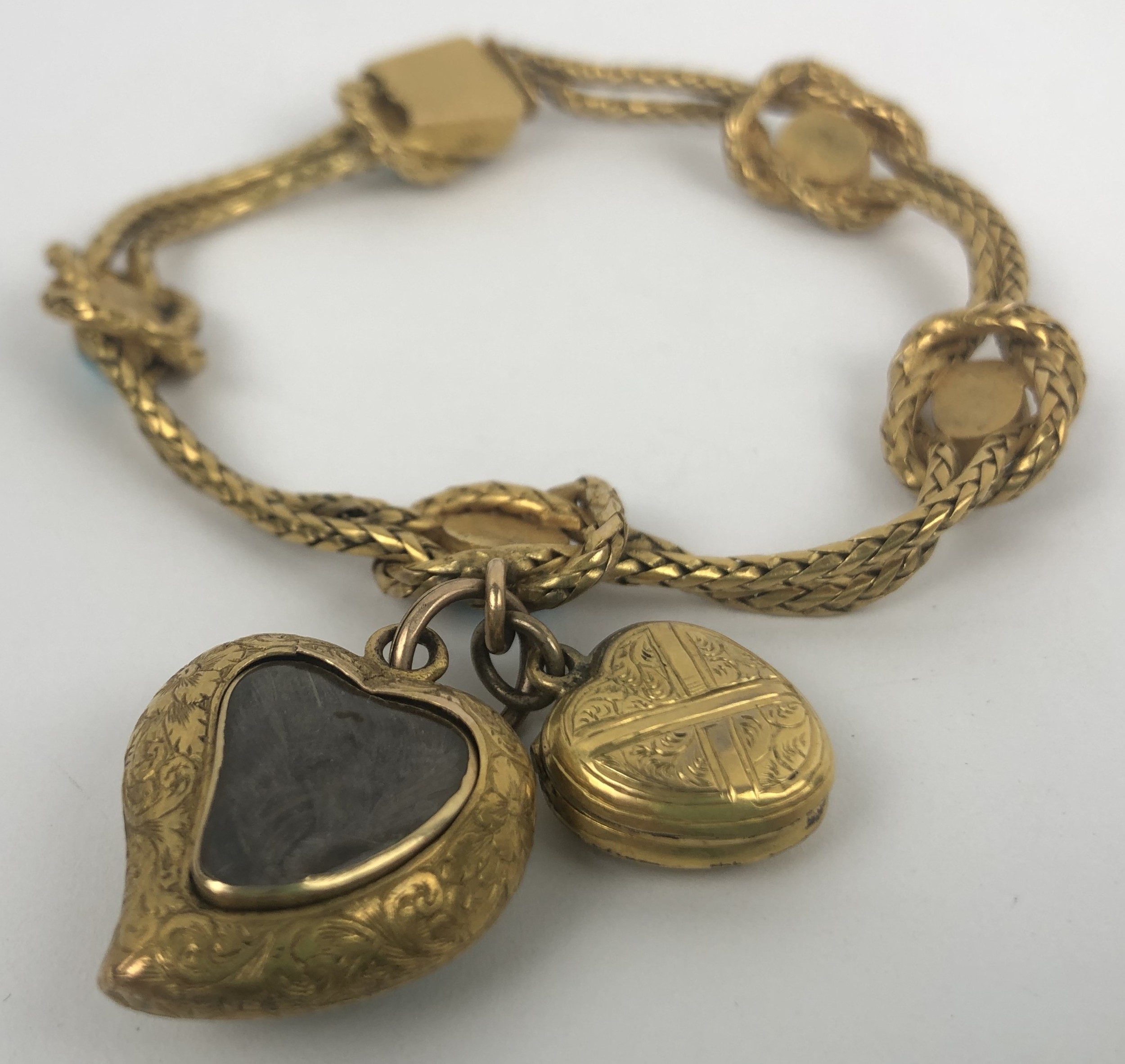 A Victorian yellow coloured metal and turquoise bracelet, in an associated Asprey case Bracelet - Image 5 of 7