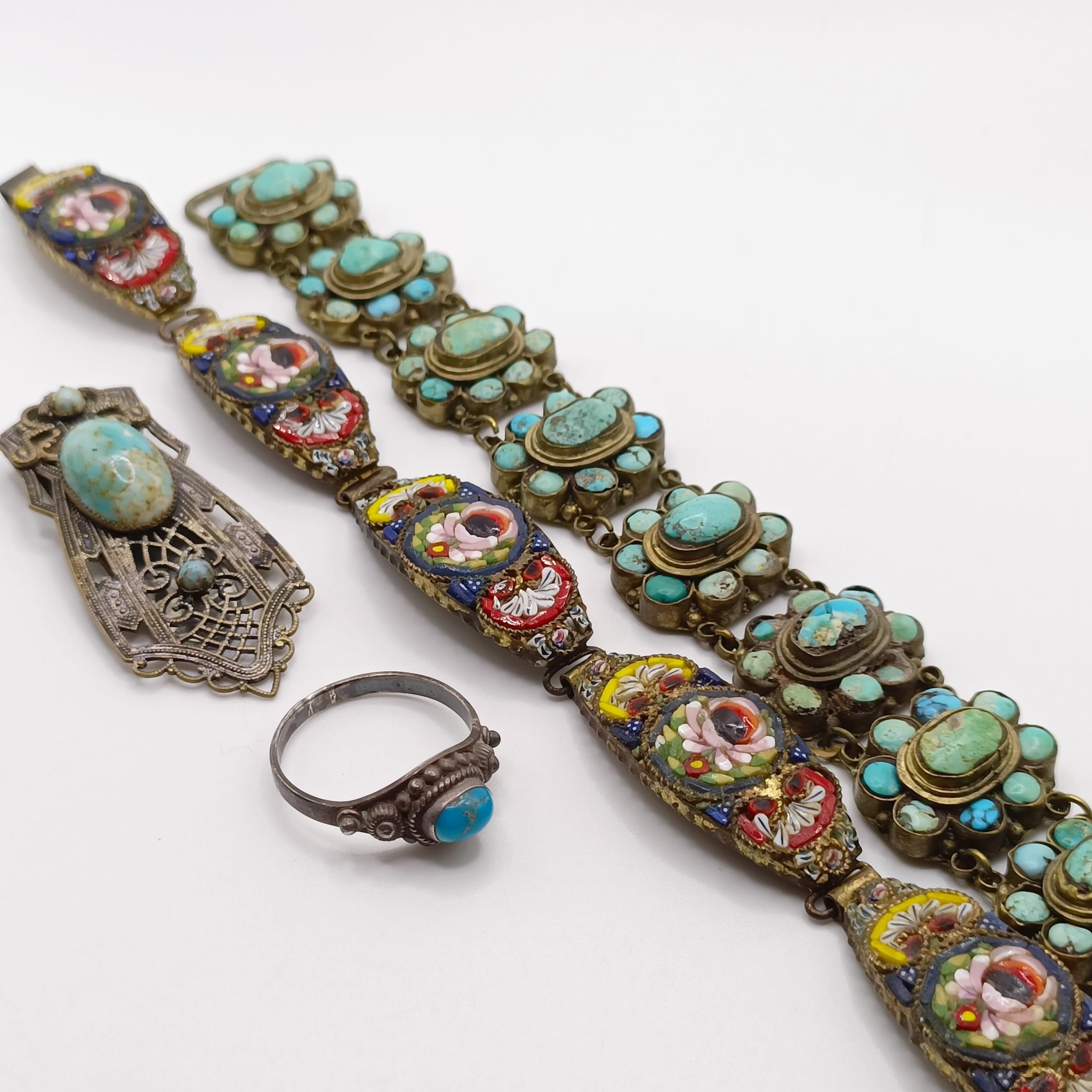 An Indian gilt metal and turquoise bracelet, a micro-mosaic bracelet, a clip and a ring, ring size Q