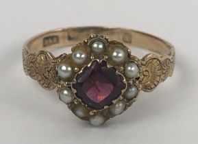 A 19th century garnet and seed pearl ring, ring size M, in a vintage jewellery box