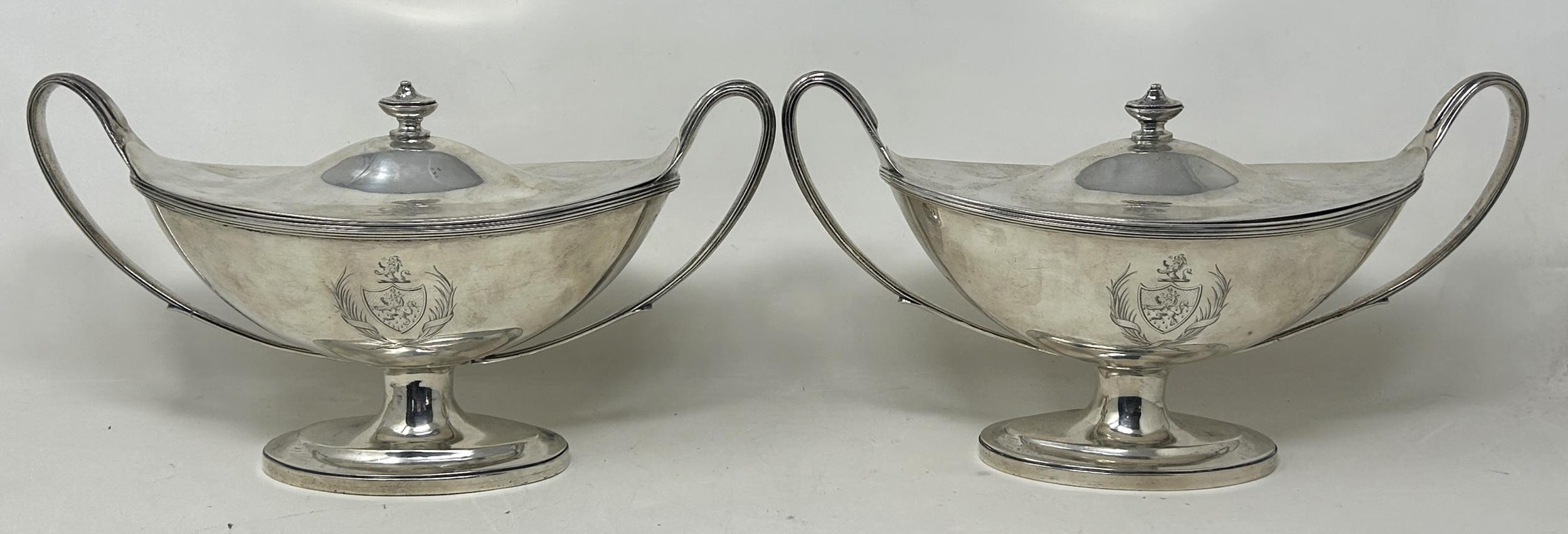 A pair of George III silver tureens and covers, of navette form, London 1791, 36.9 ozt (2) - Image 7 of 12