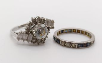 A 9ct gold and white stone ring (ring size M 1/2), and a blue and white stone eternity ring (ring