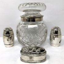 A cut glass vase, with a silver mount, a pair of peppers and a silver coloured metal box,