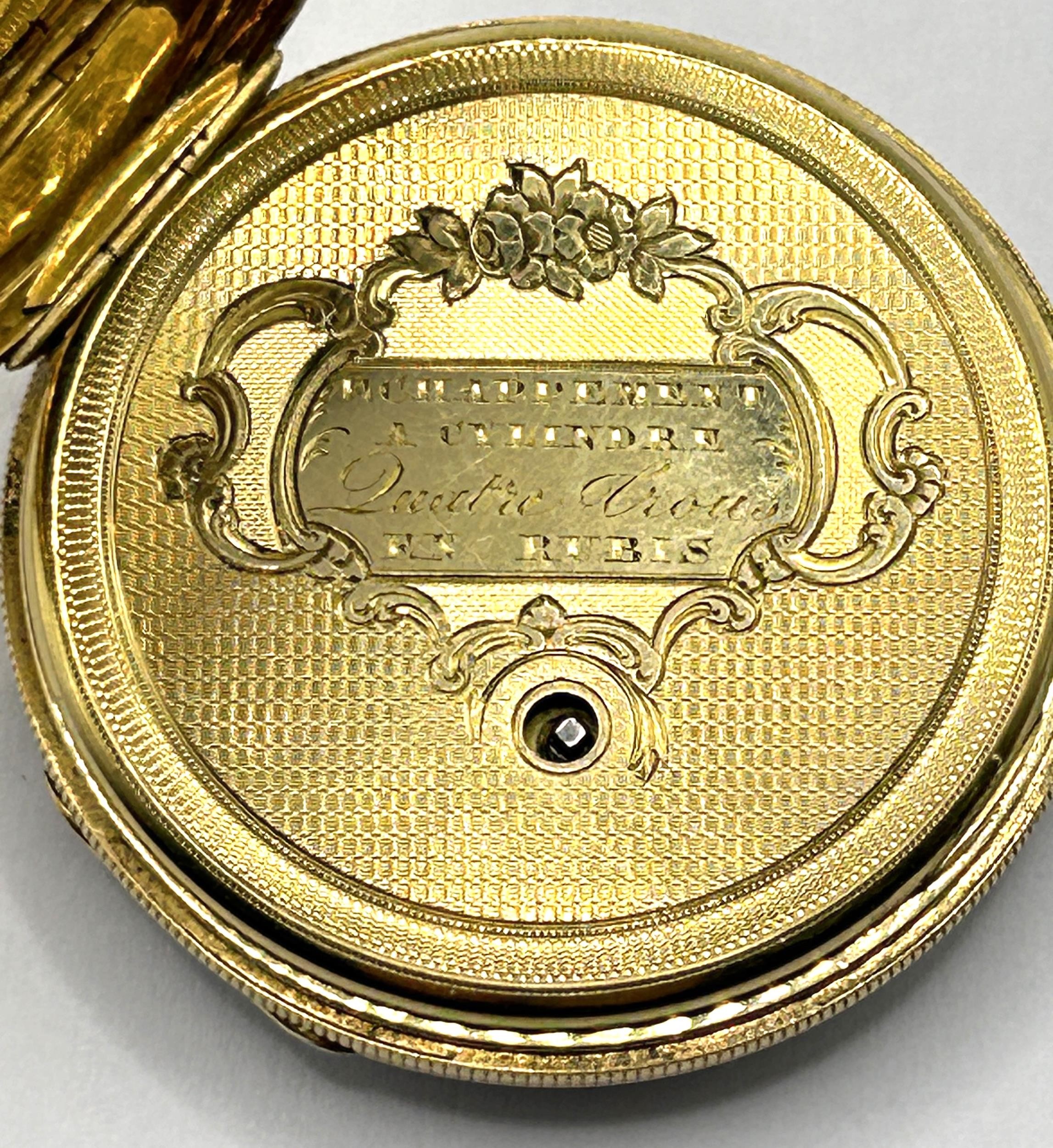 An 18ct gold open face pocket watch, the enamel dial with Roman numerals, the dust cap with engraved - Image 4 of 5