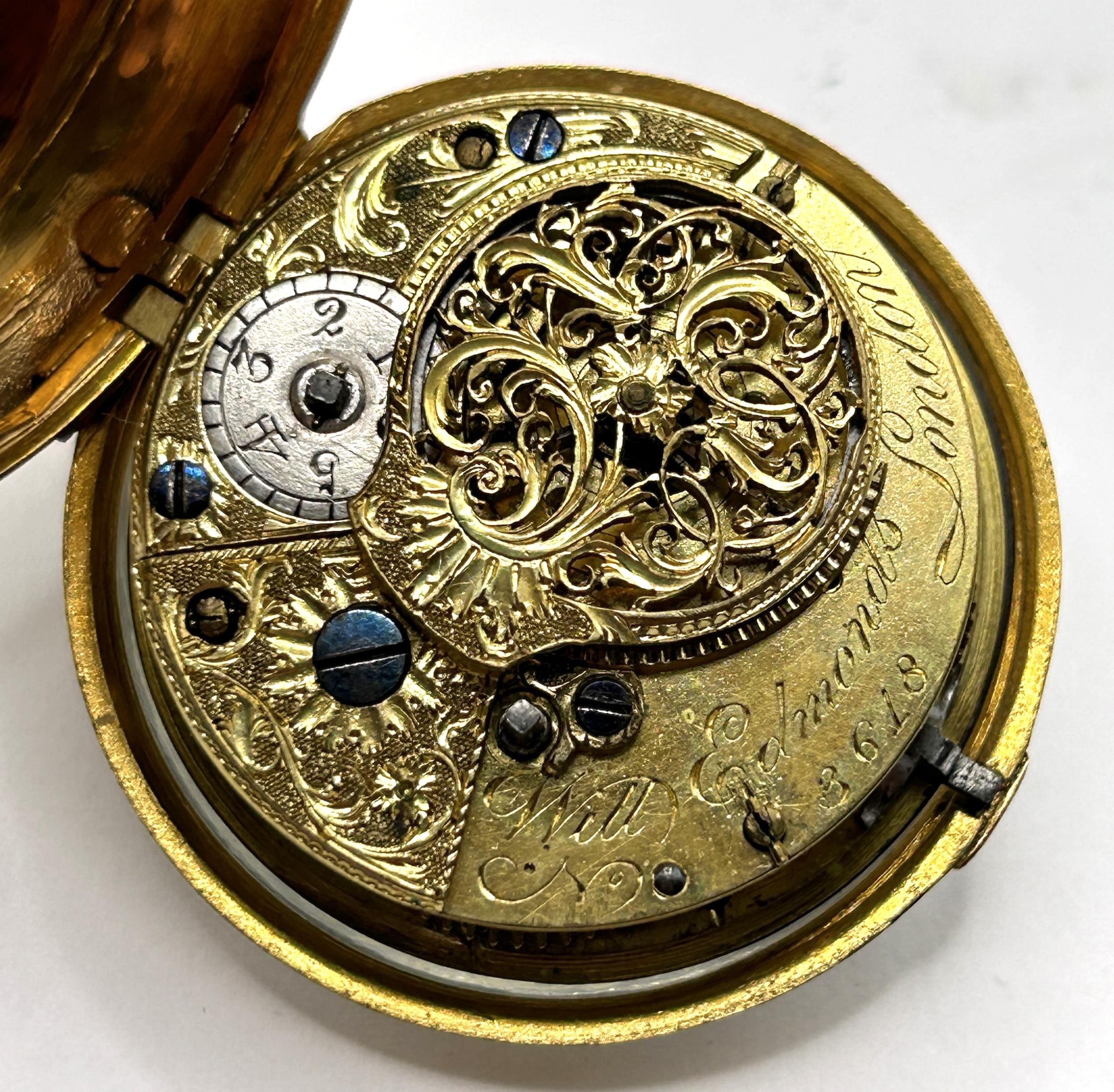 An 18th century pair cased pocket watch, the enamel dial with Roman numerals, the movement signed - Image 8 of 9