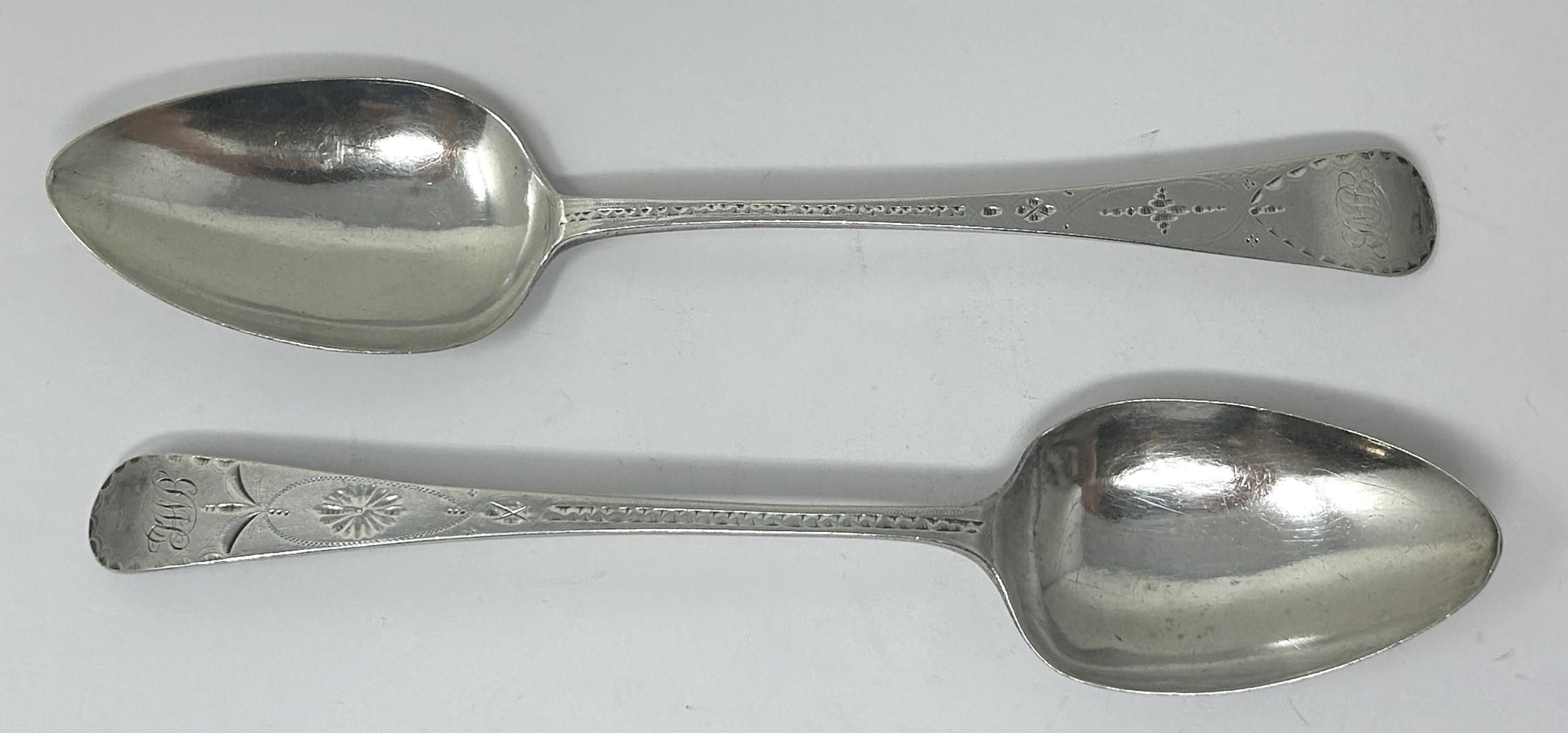 A pair of George III silver Old English pattern spoons, marks rubbed, 3.2 ozt