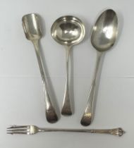 A George III silver cheese scoop, an Old English pattern ladle, an Old English pattern spoon, and