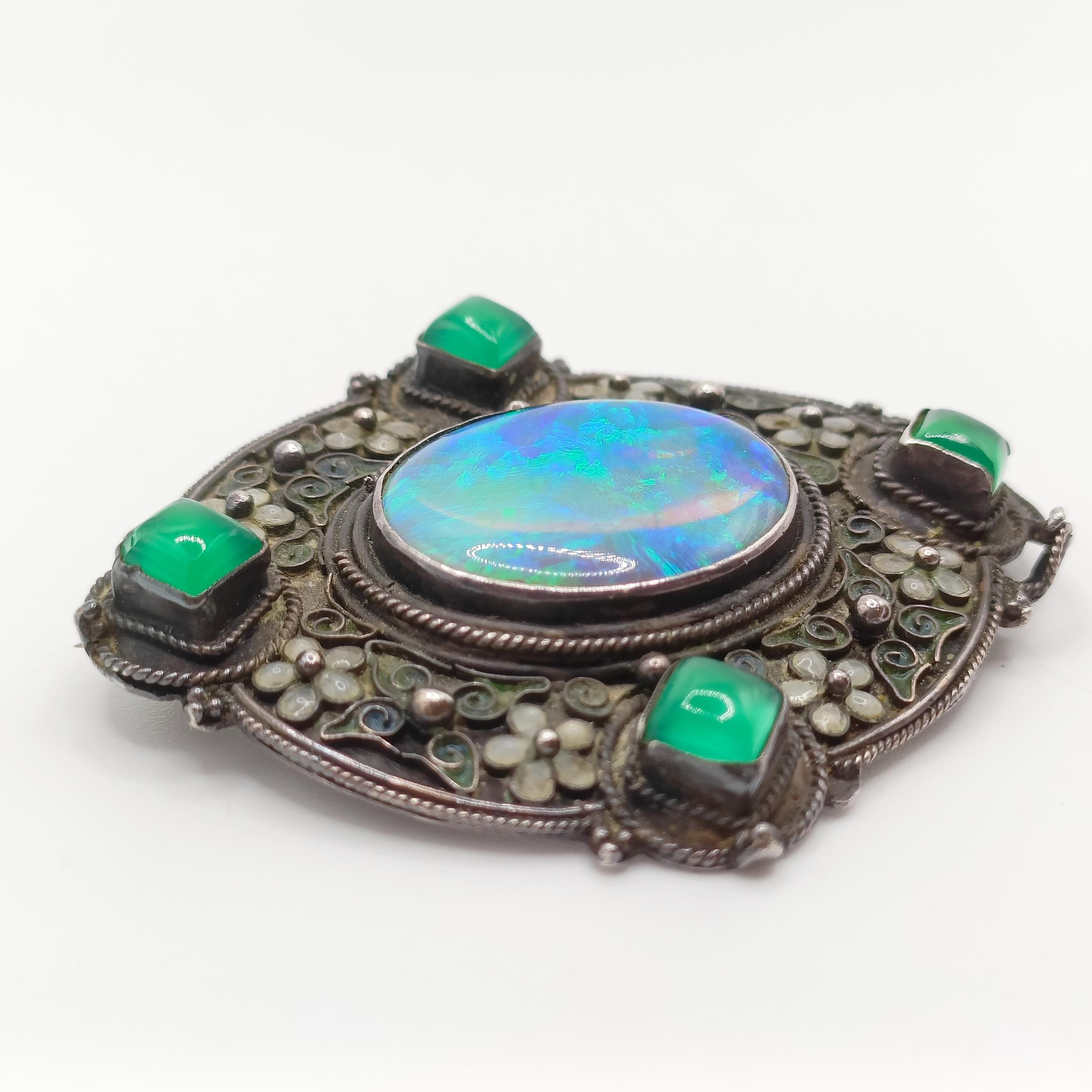 An Arts and Crafts silver coloured metal, opal, green stone and enamel brooch, by Jean Bassett - Image 2 of 5