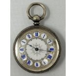 A Continental silver coloured metal fob watch, and a compact (2)