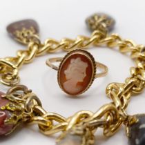 A 9ct gold cameo ring, and a gold plated bracelet, with assorted hardstone pendants