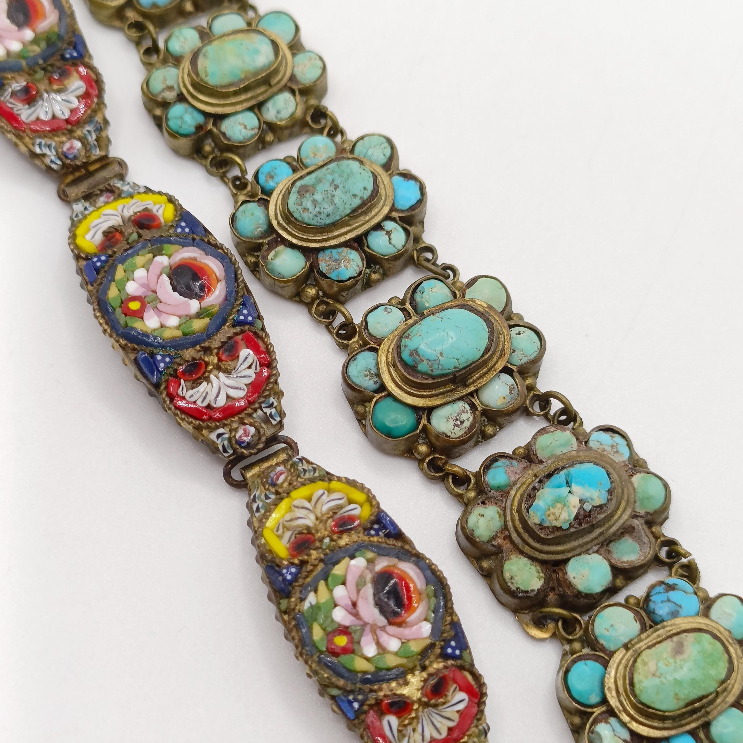 An Indian gilt metal and turquoise bracelet, a micro-mosaic bracelet, a clip and a ring, ring size Q - Image 8 of 11