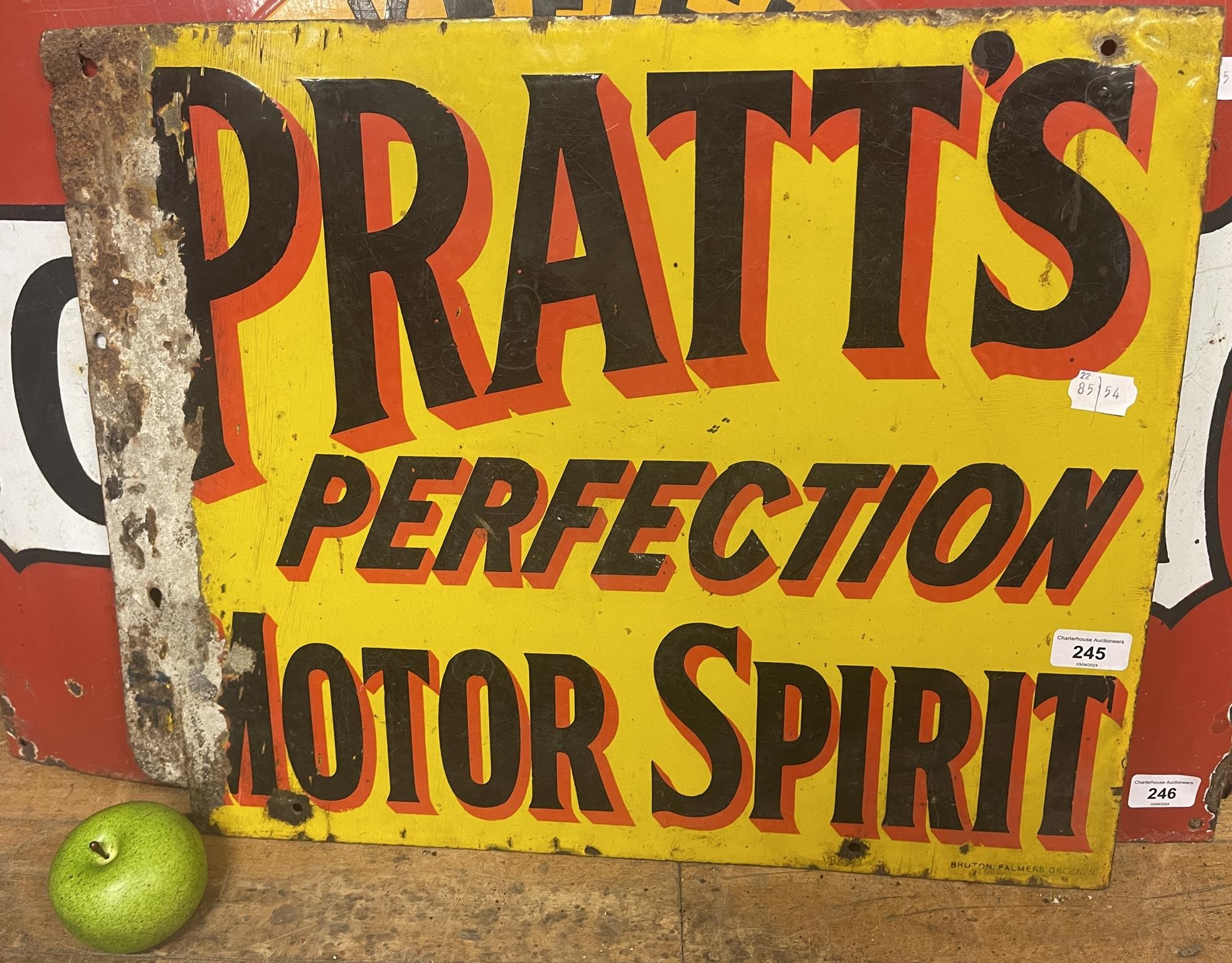 A double sided enamel sign, Pratt's Perfection Motor Spirit, 45 x 57 cm Some loss to the edges