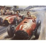 A Nicholas Watts print, Race of the Titans, signed, and six other motoring prints, some unframed (7)