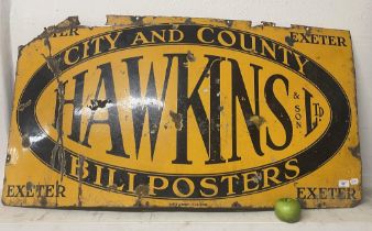 An enamel sign, Hawkins & Son Ltd, City and County Billposters, Exeter, Painted Enamel Co Ltd B'ham,