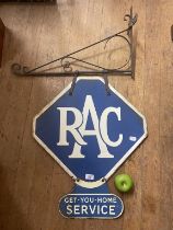 A double sided enamel sign, RAC Get-You-Home Service, 68 x 56 cm, mounted on a hinged bracket Slight