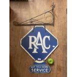 A double sided enamel sign, RAC Get-You-Home Service, 68 x 56 cm, mounted on a hinged bracket Slight