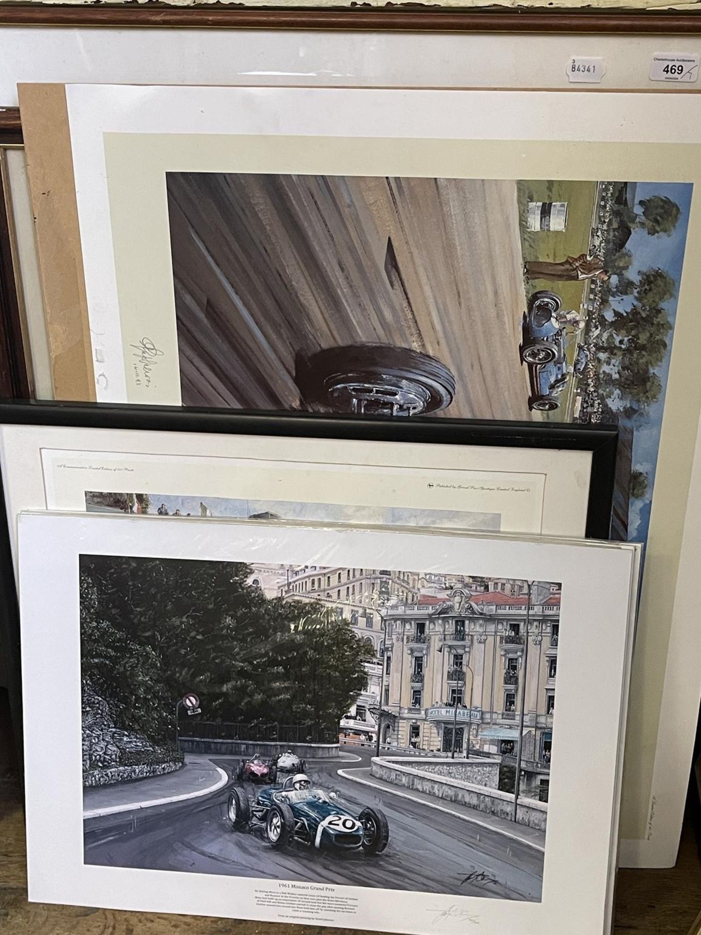 A Nicholas Watts print, Race of the Titans, signed, and six other motoring prints, some unframed (7) - Image 2 of 2